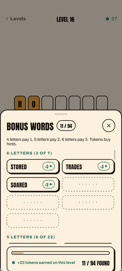 The bonus words found on a WordTogether level